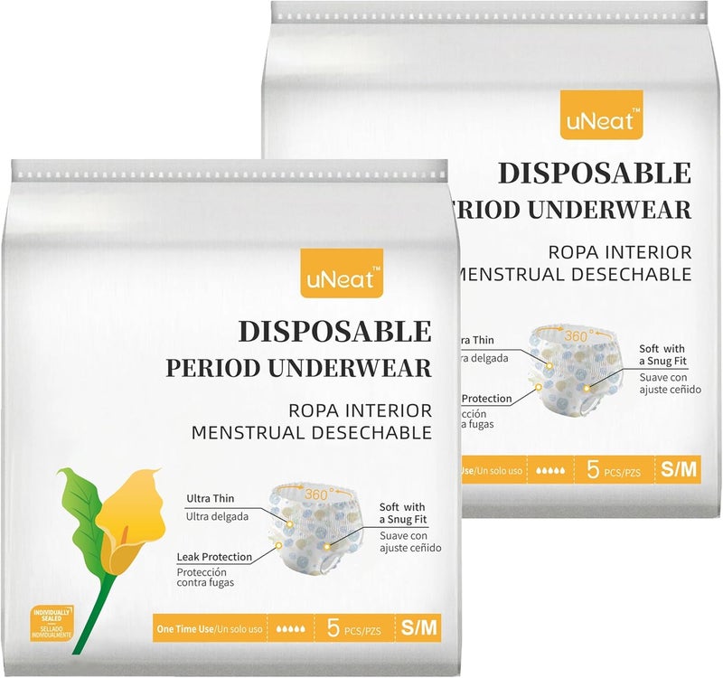 uNeat Disposable Period Underwear for Women, Ultra Thin and Leakproof, Overnight Heavy Absorbency, Odor Control, Postpartum Diapers, Incontinence Underwear for Women (Size S/M,10 Count)