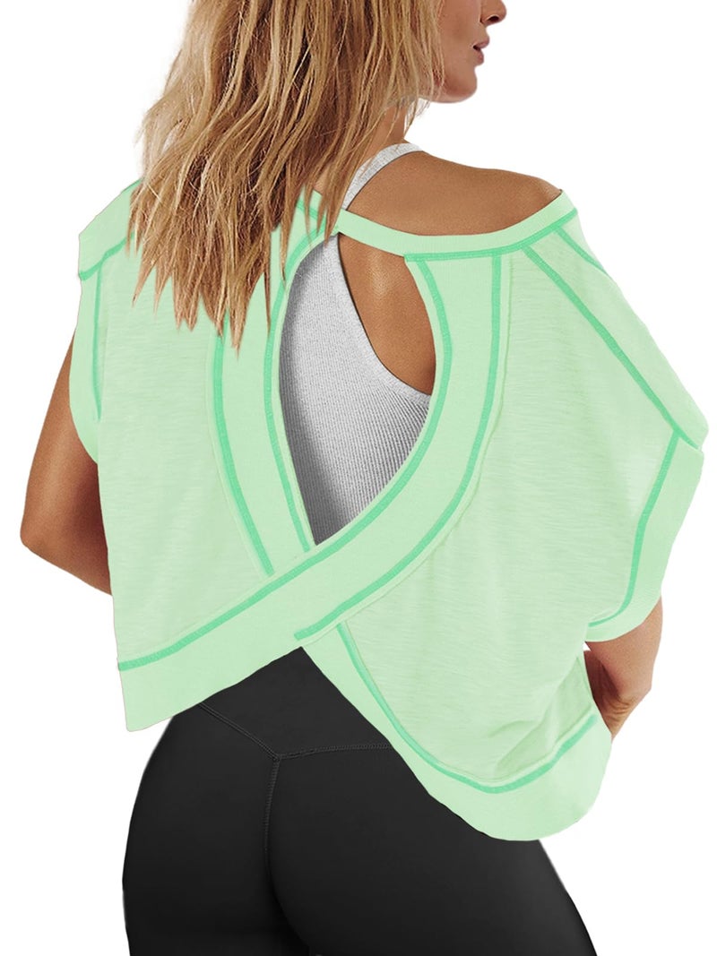 Panadila Womens Oversized Tshirts Open Back Workout Top Athletic Shirts Short Sleeve Crop Tops Gym Yoga Tee (Light Green,M) - Image 1