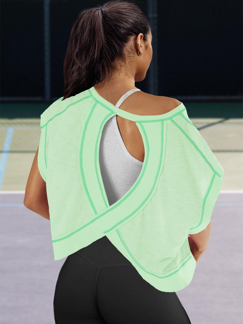 Panadila Womens Oversized Tshirts Open Back Workout Top Athletic Shirts Short Sleeve Crop Tops Gym Yoga Tee (Light Green,M) - Image 3
