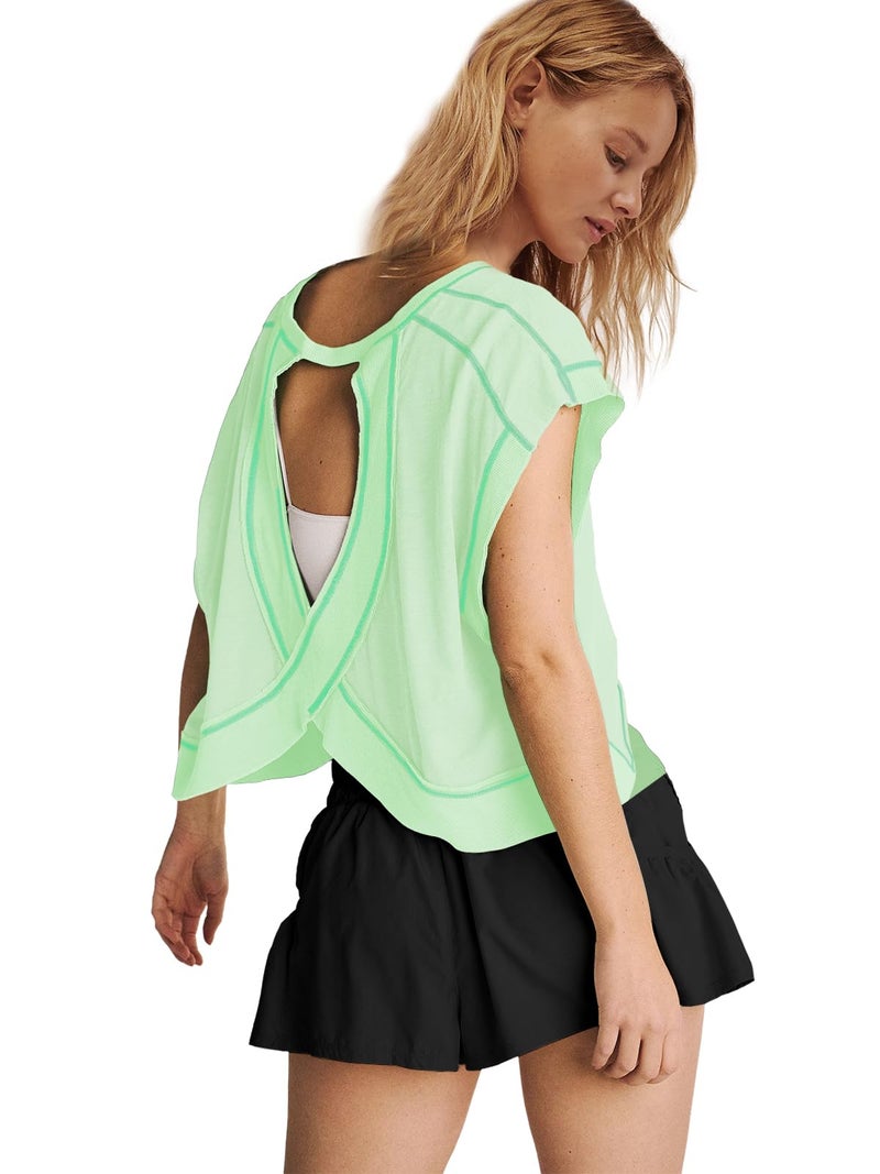 Panadila Womens Oversized Tshirts Open Back Workout Top Athletic Shirts Short Sleeve Crop Tops Gym Yoga Tee (Light Green,M) - Image 4