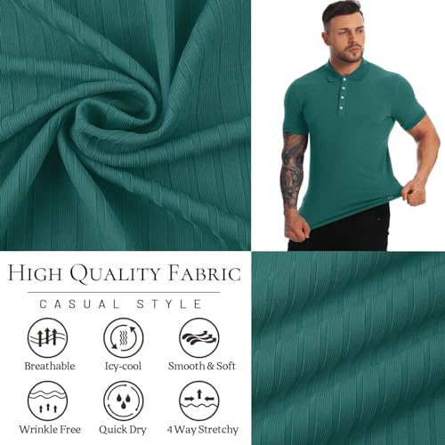 CANGHPGIN Collared Muscle Polo Shirts Men Slim Fit Textured Knit Polo Shirts Short Sleeve Button Down Shirts Casual Stylish Dark Green - Image 5