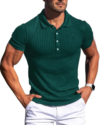 CANGHPGIN Collared Muscle Polo Shirts Men Slim Fit Textured Knit Polo Shirts Short Sleeve Button Down Shirts Casual Stylish Dark Green - Image 1