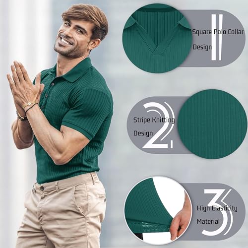 CANGHPGIN Collared Muscle Polo Shirts Men Slim Fit Textured Knit Polo Shirts Short Sleeve Button Down Shirts Casual Stylish Dark Green - Image 2