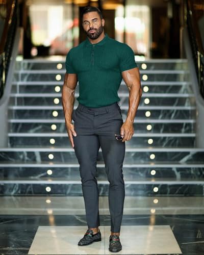 CANGHPGIN Collared Muscle Polo Shirts Men Slim Fit Textured Knit Polo Shirts Short Sleeve Button Down Shirts Casual Stylish Dark Green - Image 4