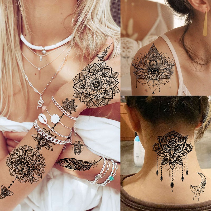 VANTATY 64 Sheets Tribal Vintage Black Lotus Temporary Tattoos for Women Girls, Bohemia Mandala Flower Fake Sleeve Tattoos for Adults Owl Moon - Image 2