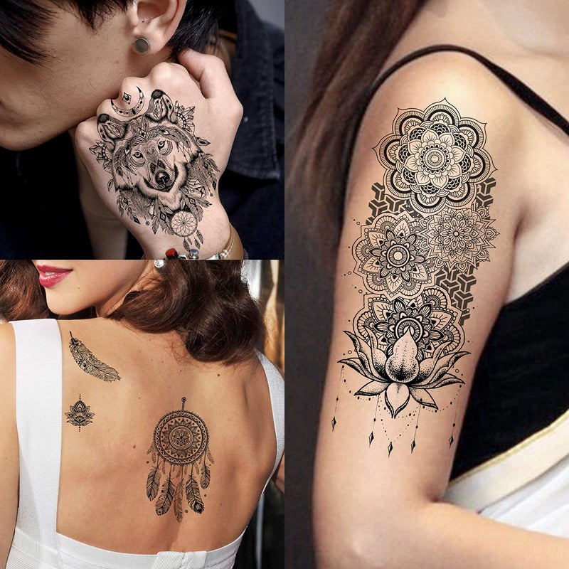 VANTATY 64 Sheets Tribal Vintage Black Lotus Temporary Tattoos for Women Girls, Bohemia Mandala Flower Fake Sleeve Tattoos for Adults Owl Moon - Image 4