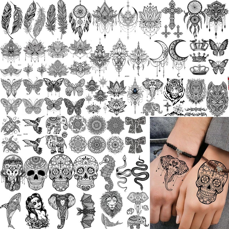 VANTATY 64 Sheets Tribal Vintage Black Lotus Temporary Tattoos for Women Girls, Bohemia Mandala Flower Fake Sleeve Tattoos for Adults Owl Moon - Image 5