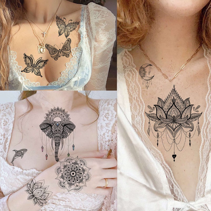 VANTATY 64 Sheets Tribal Vintage Black Lotus Temporary Tattoos for Women Girls, Bohemia Mandala Flower Fake Sleeve Tattoos for Adults Owl Moon - Image 3