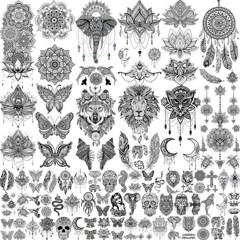 VANTATY 64 Sheets Tribal Vintage Black Lotus Temporary Tattoos for Women Girls, Bohemia Mandala Flower Fake Sleeve Tattoos for Adults Owl Moon - Image 1