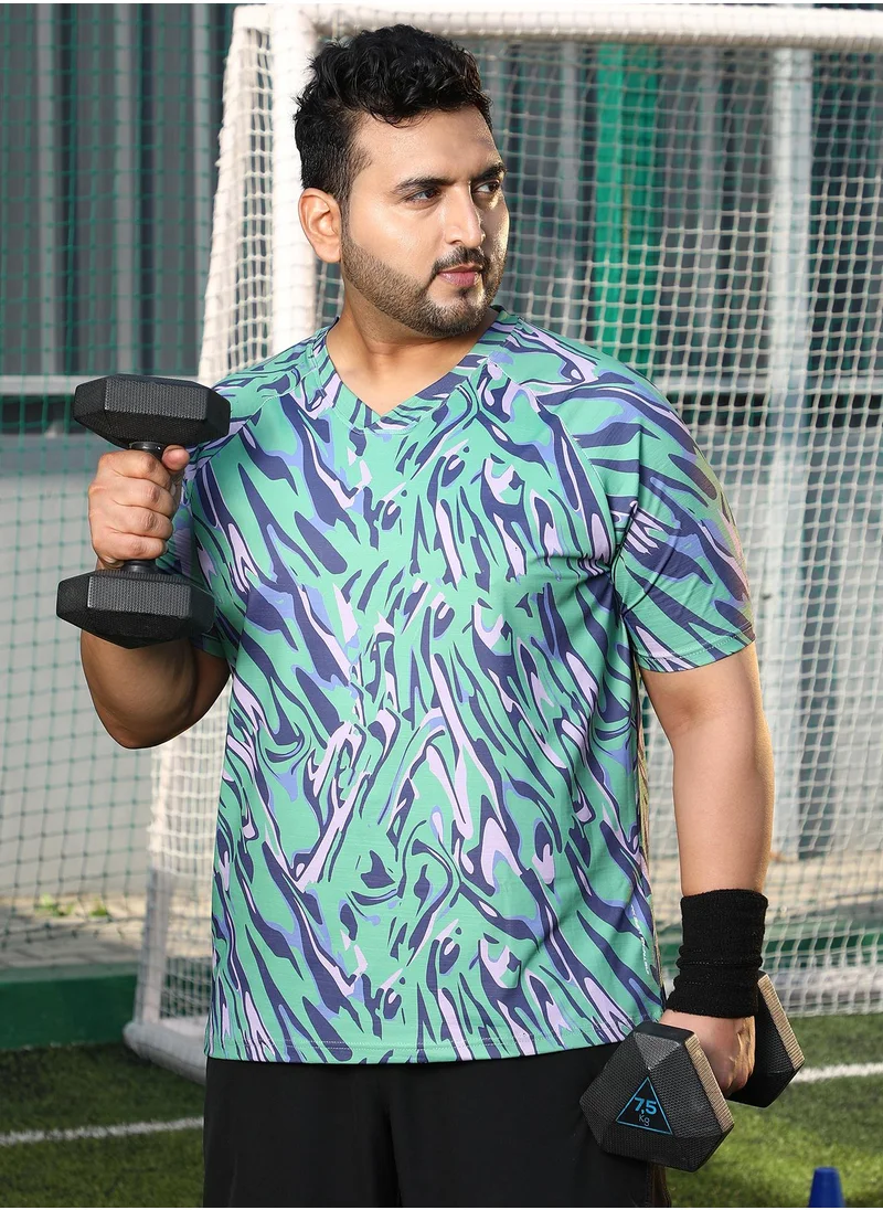 انستافاب بلس Instafab Plus Men's Mint Green & Navy Blue Abstract-Overlap Activewear T-Shirt For Casual Wear | V-Neck | Short Sleeves | Plus Size Jersey T-Shirt Crafted With Comfort Fit For Everyday Wear