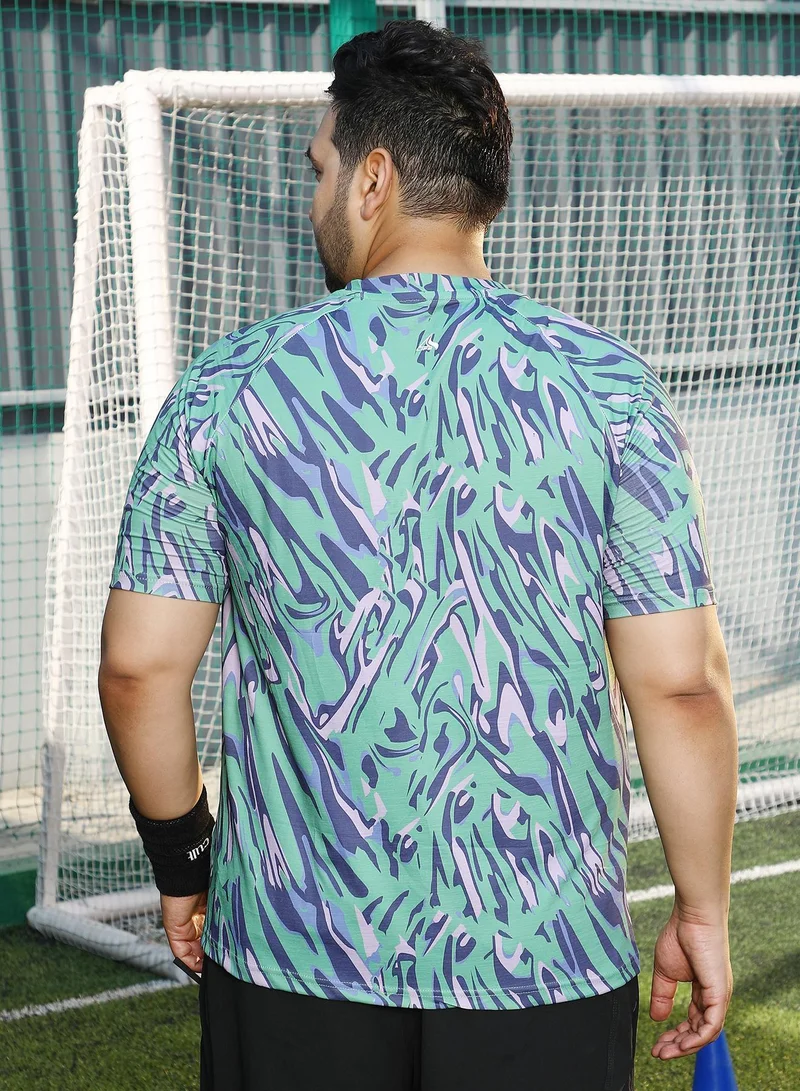 Instafab Plus Instafab Plus Men's Mint Green & Navy Blue Abstract-Overlap Activewear T-Shirt For Casual Wear | V-Neck | Short Sleeves | Plus Size Jersey T-Shirt Crafted With Comfort Fit For Everyday Wear