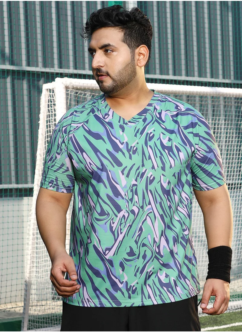 انستافاب بلس Instafab Plus Men's Mint Green & Navy Blue Abstract-Overlap Activewear T-Shirt For Casual Wear | V-Neck | Short Sleeves | Plus Size Jersey T-Shirt Crafted With Comfort Fit For Everyday Wear