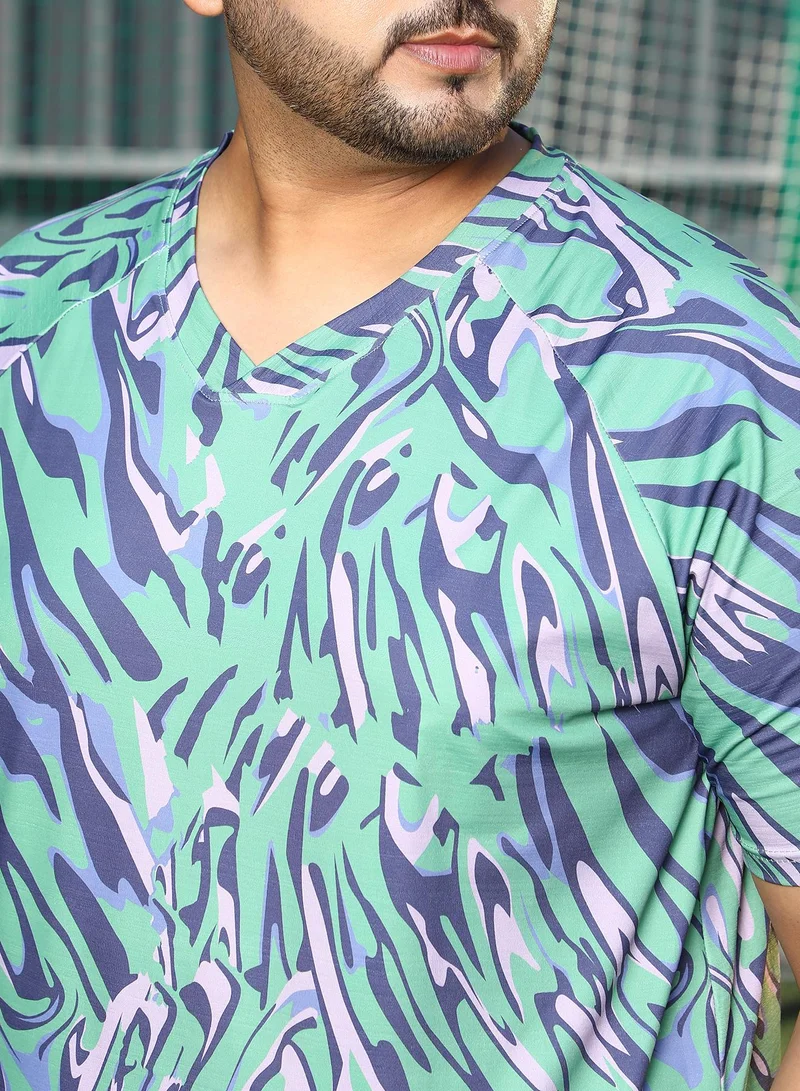 Instafab Plus Instafab Plus Men's Mint Green & Navy Blue Abstract-Overlap Activewear T-Shirt For Casual Wear | V-Neck | Short Sleeves | Plus Size Jersey T-Shirt Crafted With Comfort Fit For Everyday Wear