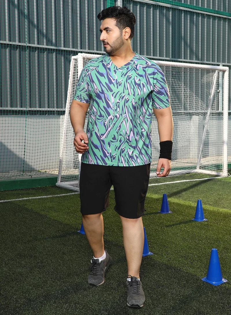Instafab Plus Instafab Plus Men's Mint Green & Navy Blue Abstract-Overlap Activewear T-Shirt For Casual Wear | V-Neck | Short Sleeves | Plus Size Jersey T-Shirt Crafted With Comfort Fit For Everyday Wear