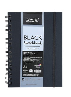 BRUSTRO Brustro Black Sketchbook | A5, 200GSM | 40 Sheets/80 Pages | Wiro Bound, Spiral, Premium, Acid-Free Paper, Professional-Grade, Ideal for Dry Media, Mandala Art, Graphite, Charcoal, School, Office use  - Image 1