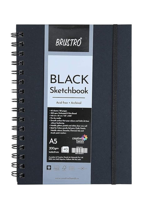Brustro Black Sketchbook | A5, 200GSM | 40 Sheets/80 Pages | Wiro Bound, Spiral, Premium, Acid-Free Paper, Professional-Grade, Ideal for Dry Media, Mandala Art, Graphite, Charcoal, School, Office use