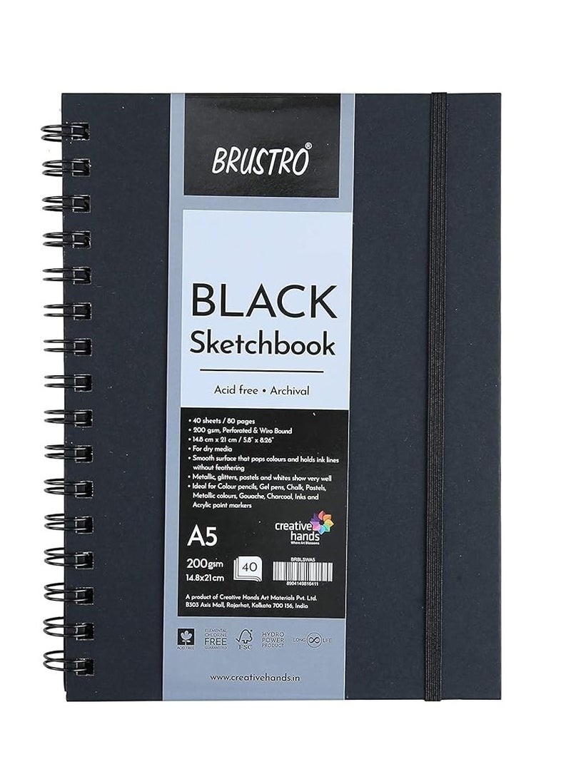 Brustro Black Sketchbook | A5, 200GSM | 40 Sheets/80 Pages | Wiro Bound, Spiral, Premium, Acid-Free Paper, Professional-Grade, Ideal for Dry Media, Mandala Art, Graphite, Charcoal, School, Office use