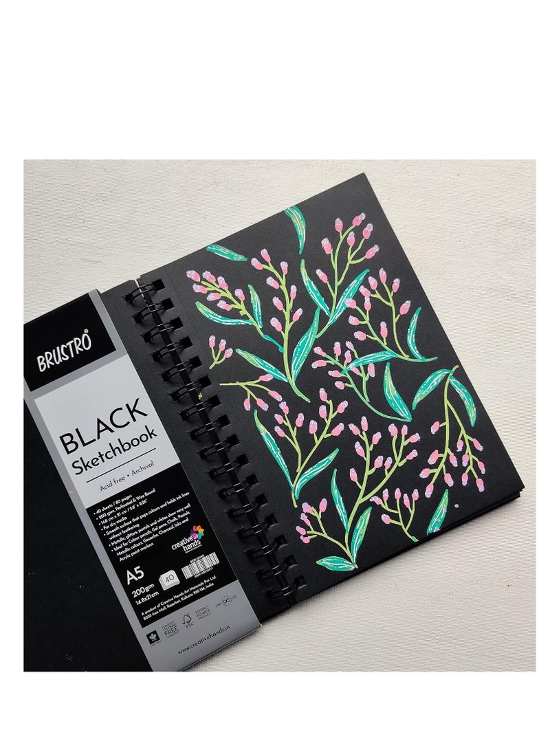 Brustro Black Sketchbook | A5, 200GSM | 40 Sheets/80 Pages | Wiro Bound, Spiral, Premium, Acid-Free Paper, Professional-Grade, Ideal for Dry Media, Mandala Art, Graphite, Charcoal, School, Office use