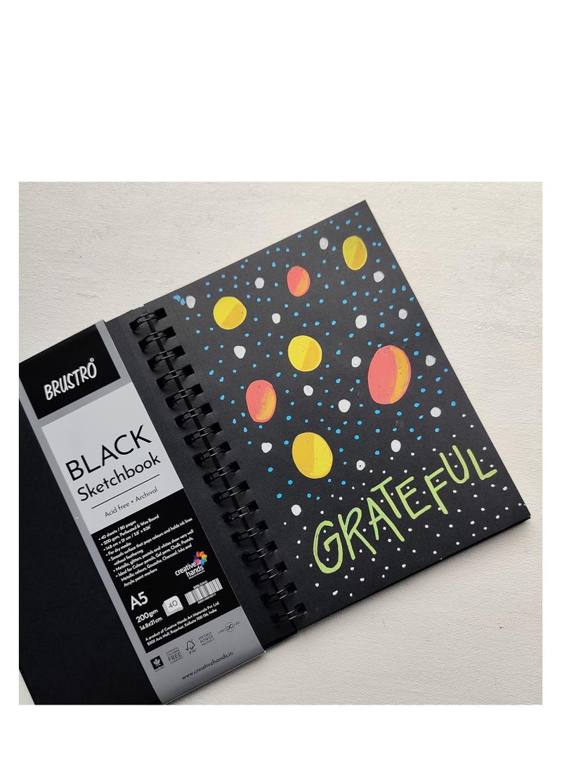 Brustro Black Sketchbook | A5, 200GSM | 40 Sheets/80 Pages | Wiro Bound, Spiral, Premium, Acid-Free Paper, Professional-Grade, Ideal for Dry Media, Mandala Art, Graphite, Charcoal, School, Office use