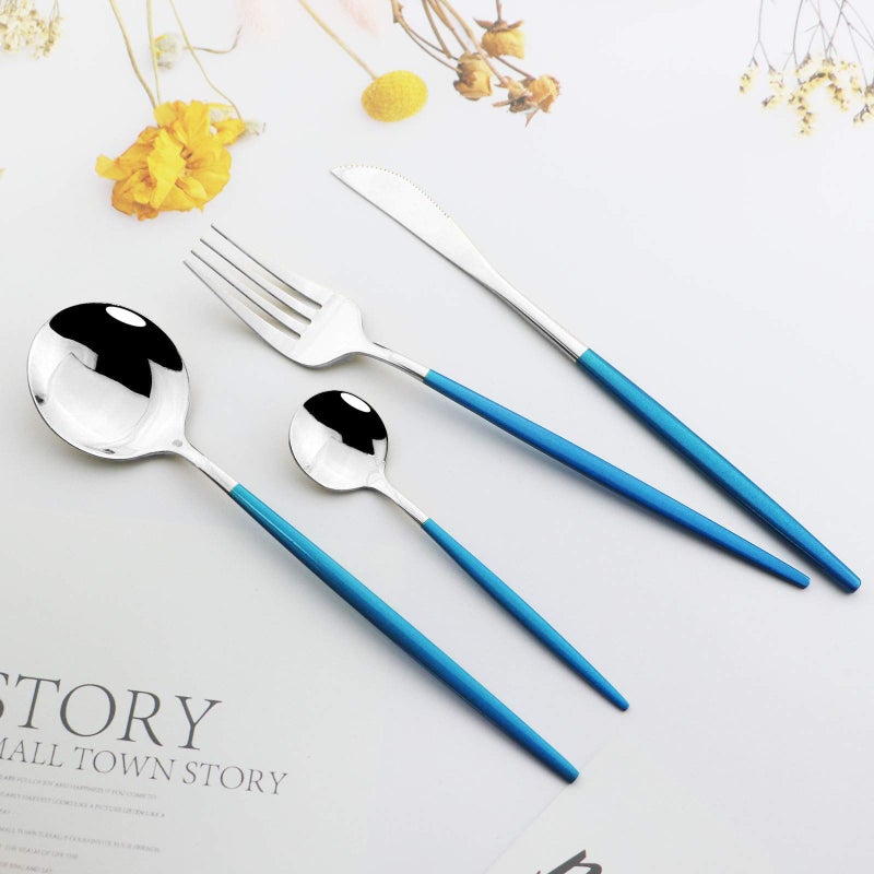 Jashii Flatware Serving Set 24 Piece  Stainless Steel Silverware Set  Blue Silver Cutlery Set  Modern Elegant Tableware Set For Party  Christmas  Dinner (Blue Silver) - Image 4