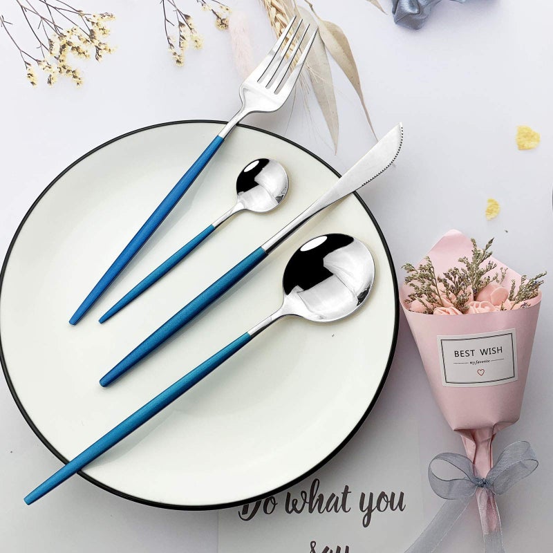 Jashii Flatware Serving Set 24 Piece  Stainless Steel Silverware Set  Blue Silver Cutlery Set  Modern Elegant Tableware Set For Party  Christmas  Dinner (Blue Silver) - Image 2