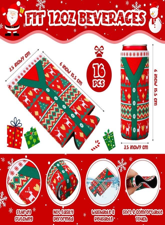ماكس تشيك مجموعة ماكس تشيك المكونة من 16 قطعة من أغطية تبريد علب البيرة بتصميم سترة عيد الميلاد القبيحة، مصنوعة من النيوبرين المعزول، سعة 12 أونصة، قابلة لإعادة الاستخدام، مثالية لتزيين حفلات عيد الميلاد (سترة). - Image 2