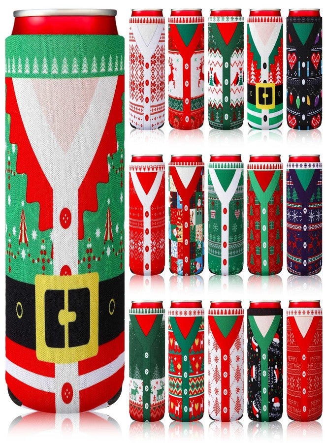 ماكس تشيك مجموعة ماكس تشيك المكونة من 16 قطعة من أغطية تبريد علب البيرة بتصميم سترة عيد الميلاد القبيحة، مصنوعة من النيوبرين المعزول، سعة 12 أونصة، قابلة لإعادة الاستخدام، مثالية لتزيين حفلات عيد الميلاد (سترة). - Image 1
