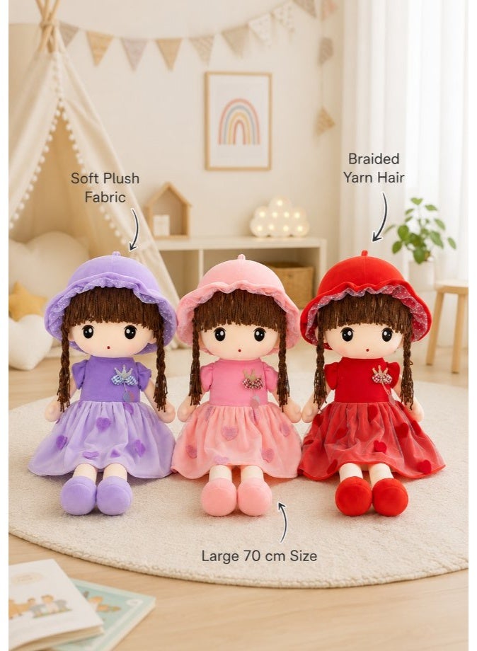 DAT Soft Plush Girl Doll with Tulle Heart Dress, Ruffle Hat & Yarn Braids 70cm – Red, Pink, Purple - Image 5