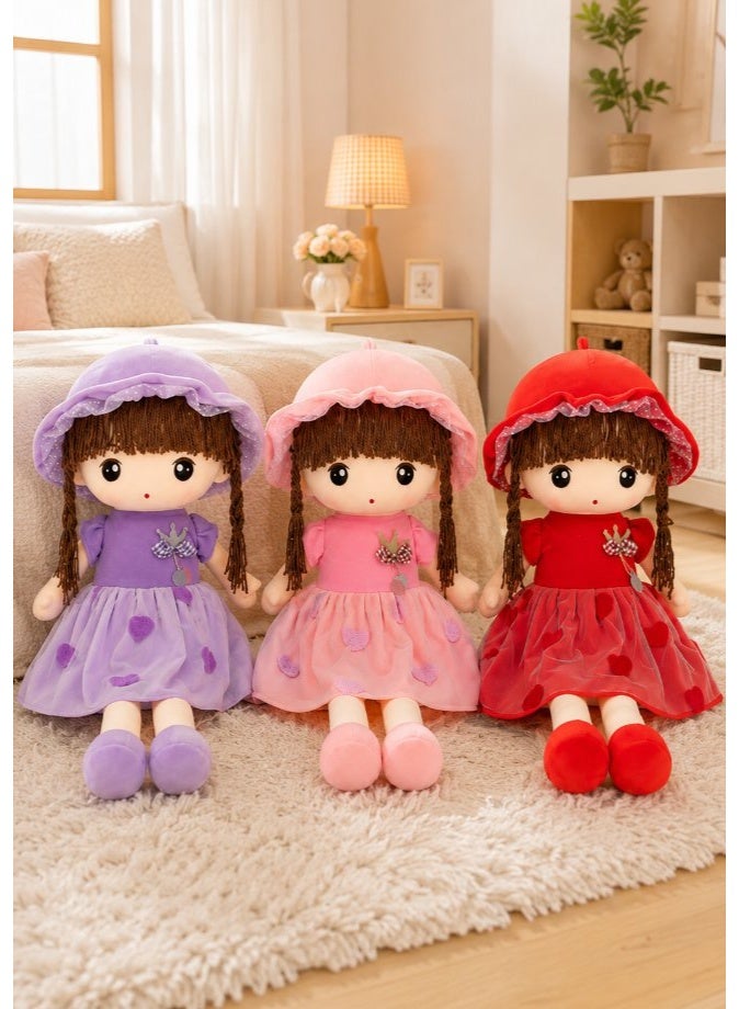 DAT Soft Plush Girl Doll with Tulle Heart Dress, Ruffle Hat & Yarn Braids 70cm – Red, Pink, Purple - Image 2