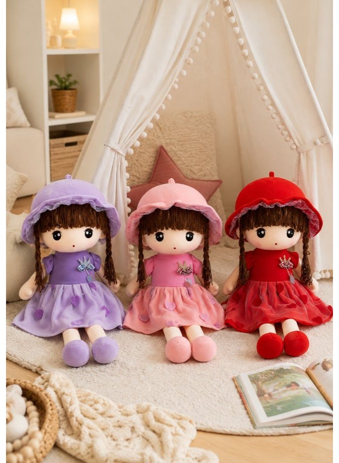DAT Soft Plush Girl Doll with Tulle Heart Dress, Ruffle Hat & Yarn Braids 70cm – Red, Pink, Purple - Image 3