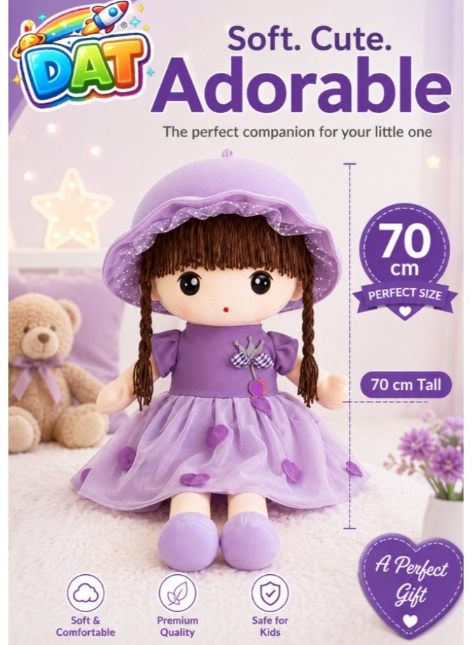 DAT Soft Plush Girl Doll with Tulle Heart Dress, Ruffle Hat & Yarn Braids 70cm – Red, Pink, Purple - Image 1