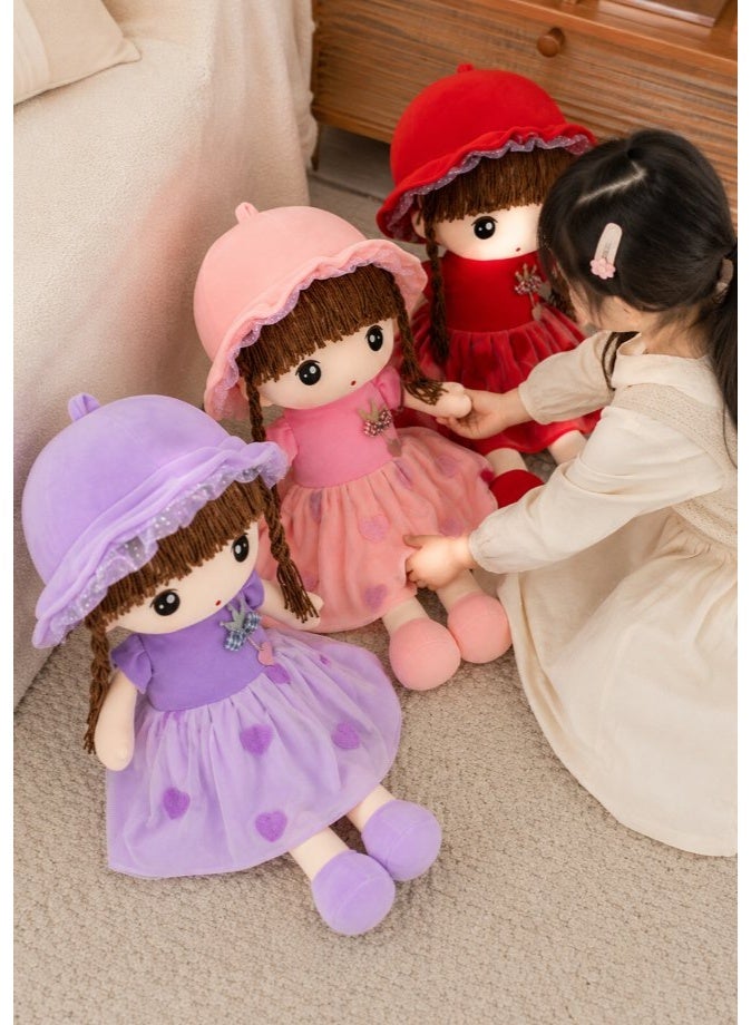DAT Soft Plush Girl Doll with Tulle Heart Dress, Ruffle Hat & Yarn Braids 70cm – Red, Pink, Purple - Image 4