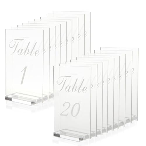 FVIEXE 20PCS Acrylic Wedding Table Numbers 1-20 with Stands, 4x6 inches Clear Table Numbers for Wedding Party Reception Sign Place Number Cards Printed Calligraphy Font for Event Banquet Anniversary - Image 1