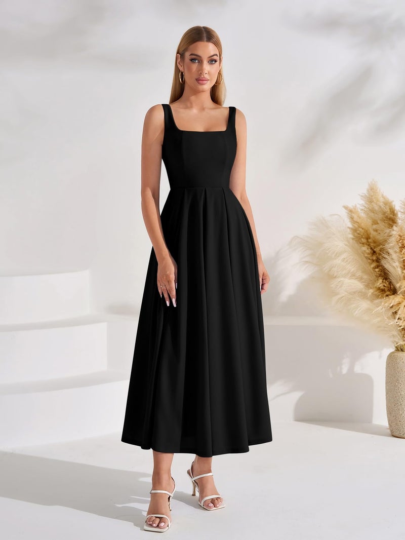 EYNMIN Wedding Guest Dresses for Women 2026 Summer Spring Square Neck Flowy A Line Elegant Midi Formal Dress Black - Image 2