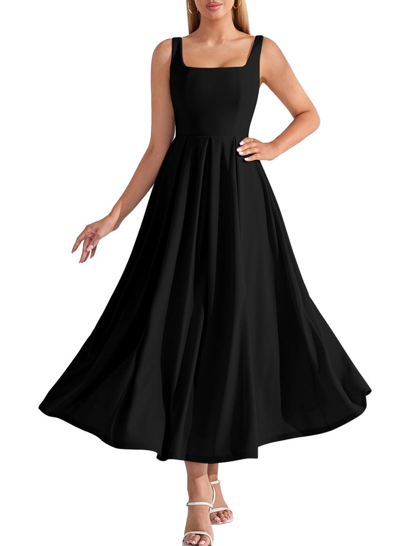 EYNMIN Wedding Guest Dresses for Women 2026 Summer Spring Square Neck Flowy A Line Elegant Midi Formal Dress Black - Image 1