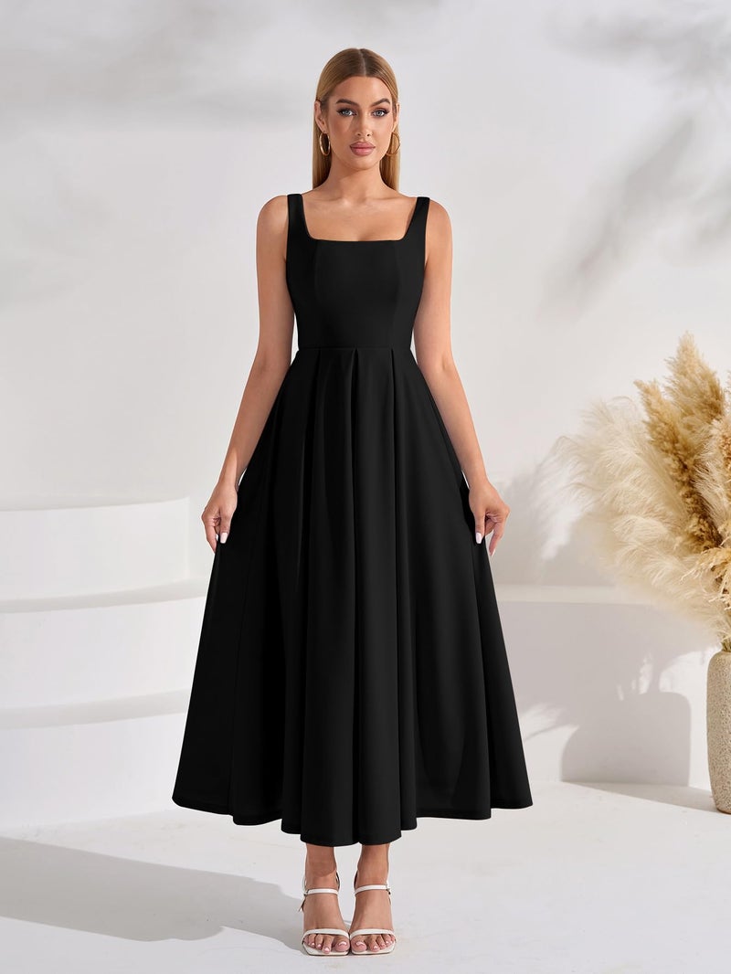 EYNMIN Wedding Guest Dresses for Women 2026 Summer Spring Square Neck Flowy A Line Elegant Midi Formal Dress Black - Image 4