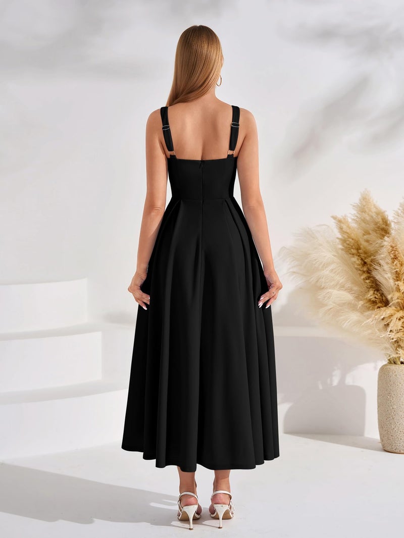 EYNMIN Wedding Guest Dresses for Women 2026 Summer Spring Square Neck Flowy A Line Elegant Midi Formal Dress Black - Image 3