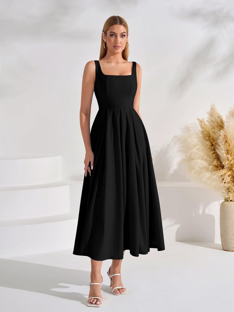 EYNMIN Wedding Guest Dresses for Women 2026 Summer Spring Square Neck Flowy A Line Elegant Midi Formal Dress Black - Image 5