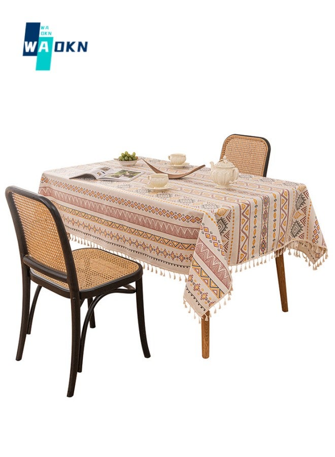 دبليو أيه أو كي أن 140 × 180 سم طاولة الطعام مع القطن والكتان مفرش المائدة ، البوهيمي نمط شرابة غير قابلة للطي مجموعة الجدول ، مطبخ عشاء مع حماية سطح المكتب مستطيلة - Image 1