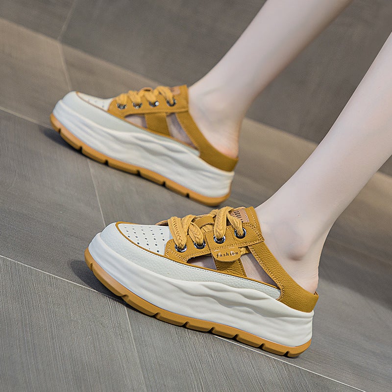Ladies Hollow-Out Leather Chunky Sneakers Summer 2024 M2362 Yellow