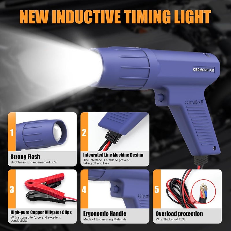 OBDMONSTER Pro Ignition Timing Light, 12V Engine Strobe Lamp Inductive Petrol Engine Timing Gun with Strong Flash Strobe Automotive Tool for Car, Motorcycle, Marine - Image 3