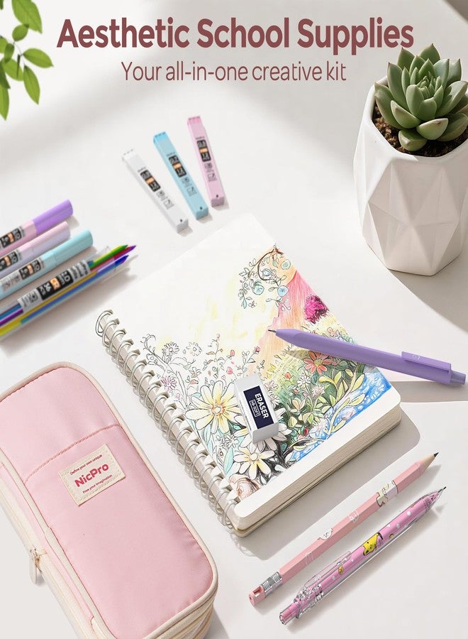 Nicpro 45PCS Aesthetic School Supplies with Pink Pen Case, Pastel Mechanical Pencils 0.5, 0.7, 0.9, 2mm with 462 PCS Lead Refills(4B 2B HB 2H 4H COLORS) Erasers For Student Writing Drawing - Image 4