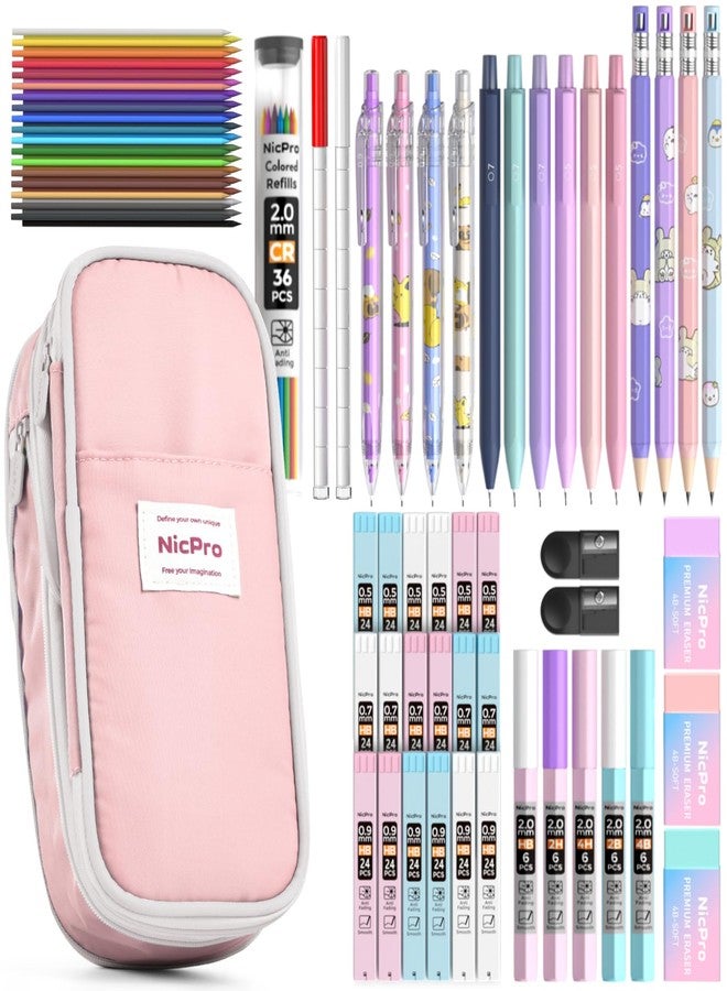 Nicpro 45PCS Aesthetic School Supplies with Pink Pen Case, Pastel Mechanical Pencils 0.5, 0.7, 0.9, 2mm with 462 PCS Lead Refills(4B 2B HB 2H 4H COLORS) Erasers For Student Writing Drawing - Image 1