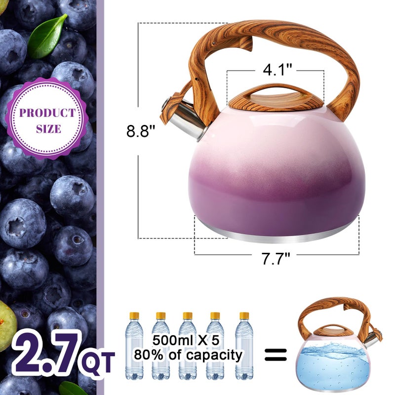 GGC Tea Kettle for Stove Top, 3.1QT/3L Whistling Tea Kettles for Boiling Water Coffee or Milk, Purple Tea Pot with Wood Parttern Handle, Stainless Steel Tea Pot for Home and Kitchen - Image 2