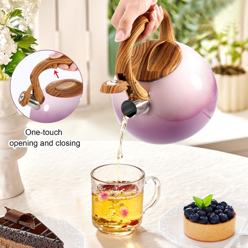 GGC Tea Kettle for Stove Top, 3.1QT/3L Whistling Tea Kettles for Boiling Water Coffee or Milk, Purple Tea Pot with Wood Parttern Handle, Stainless Steel Tea Pot for Home and Kitchen - Image 5