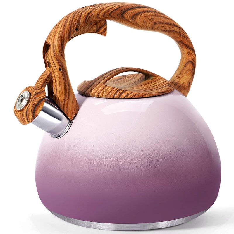 GGC Tea Kettle for Stove Top, 3.1QT/3L Whistling Tea Kettles for Boiling Water Coffee or Milk, Purple Tea Pot with Wood Parttern Handle, Stainless Steel Tea Pot for Home and Kitchen - Image 1