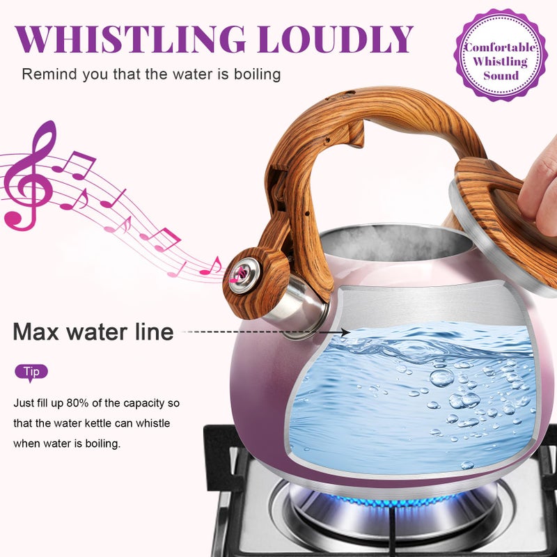 GGC Tea Kettle for Stove Top, 3.1QT/3L Whistling Tea Kettles for Boiling Water Coffee or Milk, Purple Tea Pot with Wood Parttern Handle, Stainless Steel Tea Pot for Home and Kitchen - Image 3