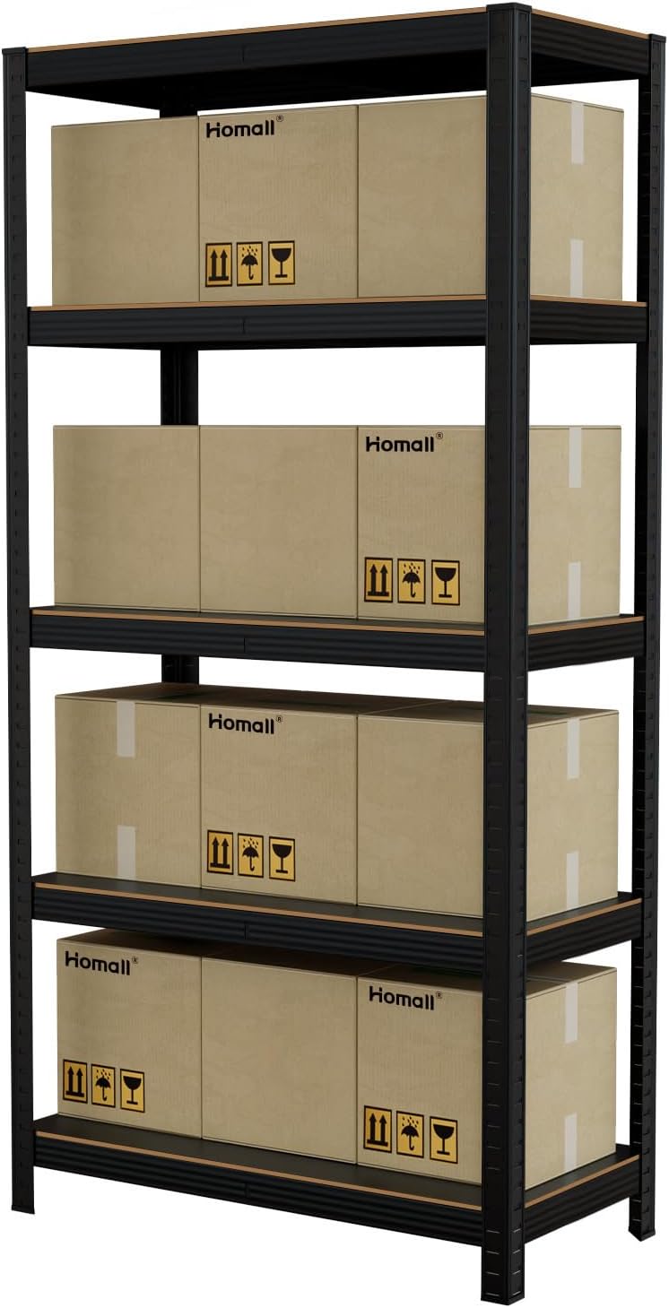 Homall Steel Metal Storage Rack Five Tier Height Adjustable | 90x55x180cm Black Steel Storage Rack Heavy Duty Adjustable Floors No Screws for Kitchen Garage - Image 1