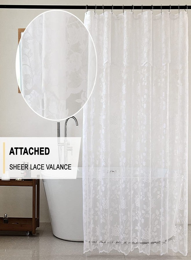TERLYTEX White Lace Shower Curtain with Attached Valance, Rustic Vine Floral Embroidered Scalloped Lace Sheer Shower Curtain 72 Inch Length for Farmhouse Bathroom, 72 x 72 Inch, 1 Panel, White - Image 2