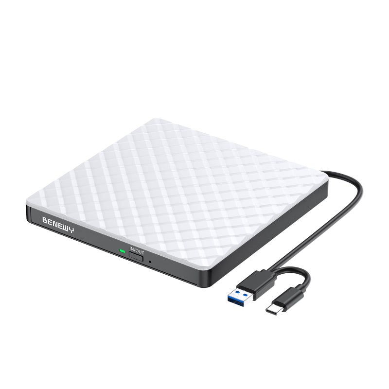 BENEWY External CD DVD Drive for Laptop, USB 3.0 USB C CD Burner DVD/CD ROM Drive Reader External DVD Drive DVD Player for Laptop Desktop PC Windows 11/10/8.1/7 MacBook Mac Linux OS Apple White - Image 1
